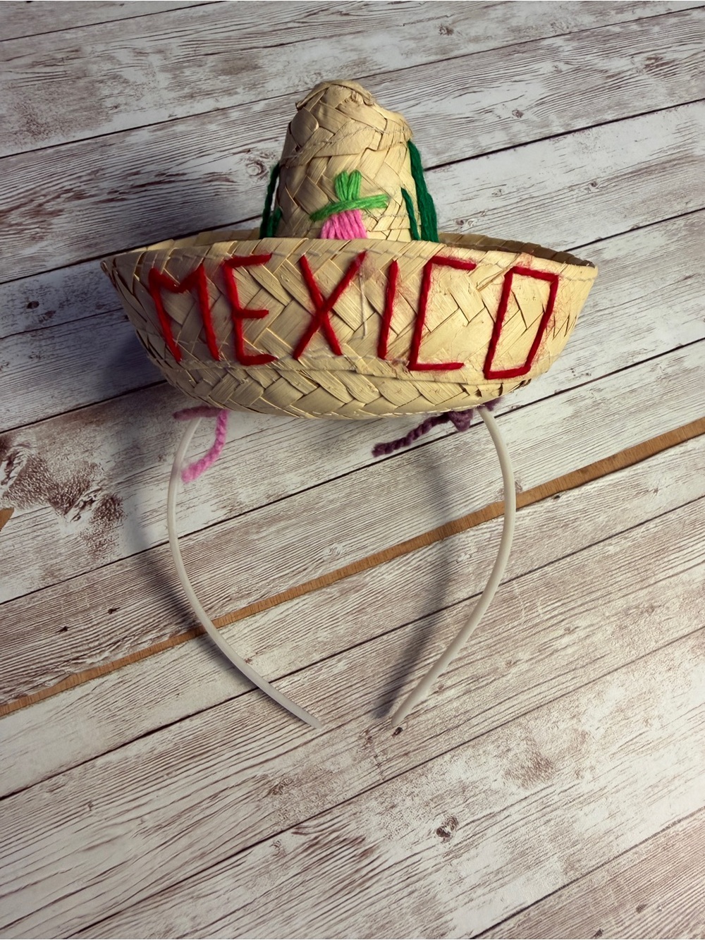 Straw Sombrero Headband - Mexico Design in Natural and Red